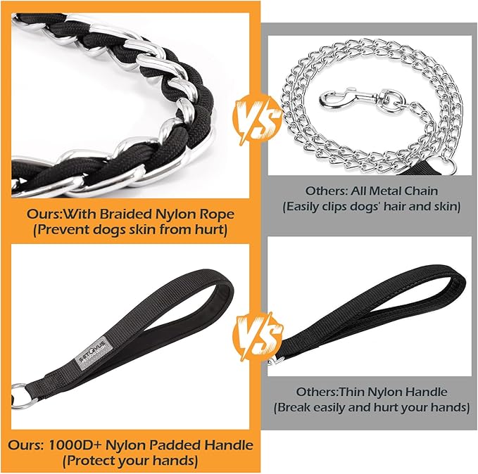 Chain Dog Leash Chew Proof Metal Leash for Medium Large Dogs, Chain Link Dog Anti Chew 5.2FT / 4FT Strong Anti Bite Comfortable Soft Padded Handle (Black, 4FT(30-80lb)