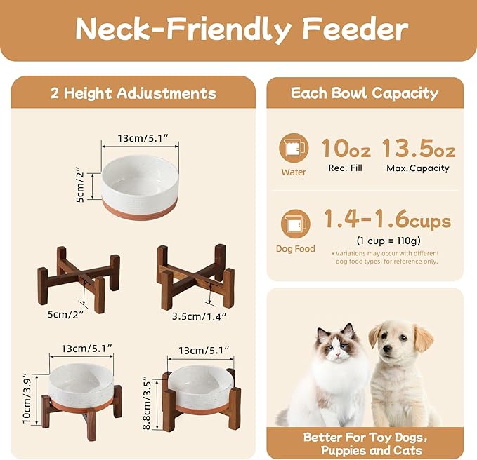 Ceramic 5.1inch Raised Dog and Cat Bowl Set, 2 Heights Elevated Wooden Stand for Puppy, Kitty, Cats, Weighted Pet Food and Water Dishes(5.1'',13.5oz, Vanilla White)