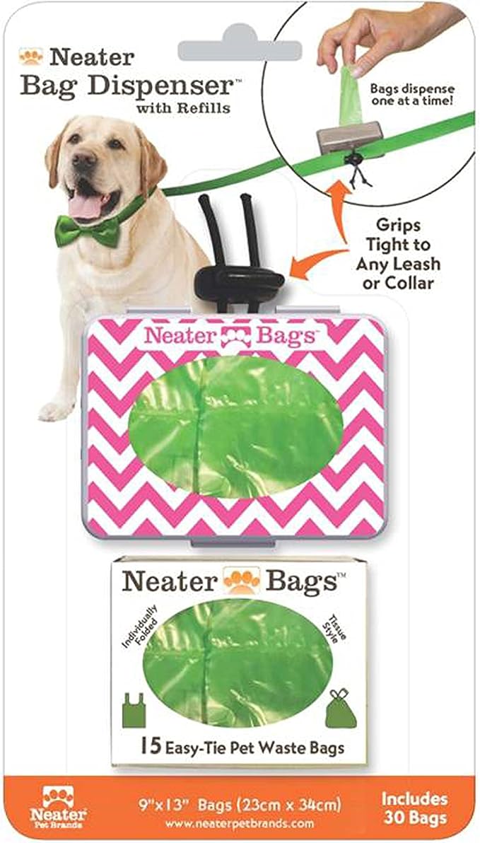 Neater Pet Brands Neater Bags Dog Waste Bag, No Rolls - Dog Poop Bags Dispense One at a Time, Doggie Poop Bag with Easy-Tie Handles, Dispenser Attaches to Any Leash (210 Count, Pink Chevron)