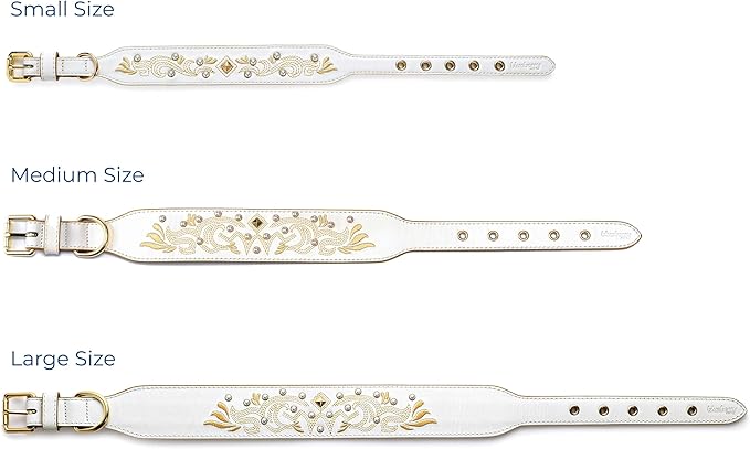 Blueberry Pet Western Genuine Leather Dog Collar for Medium Breeds, Pearl White - Floral Embroidery, Pearl Studs, Adjustable 15-18 Inch Neck, Dog Collars for Medium Dogs