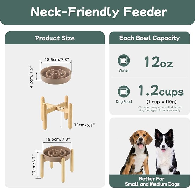 Ceramic 1.2 Cup Raised Slow Feeder Dog Bowl Set, Elevated Wooden Stand for Medium and Small Dog, 7.3inch Puzzle Slow Dish, Preventing Choking(Brown Coffee, Single Bowl+ Stand)