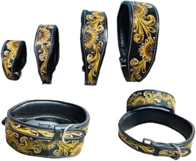 Majestic Ally Genine Leather Dog Collar with Adjustable, Padded Fit for Walking, Hiking, and Running, Designer Western Wear for Puppies, Fancy Customized Colors (Black - Yellow, Extra Large)