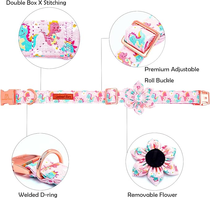 Lionheart glory Dog Collar with Flower Dinosaurs Print Collars for Large Dogs, Spring Summer Cute Duty Adjustable Dog Flowers Collar Puppy Collars Bows Pet Gift