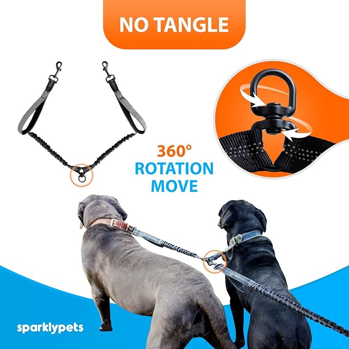 SparklyPets Hands Free Dog Leash for Medium and Large Breeds – Professional Harness with Reflective Stitches for Training, Walking, Jogging and Running Your Pet (Gray, for 2 Dogs Only Coupler)