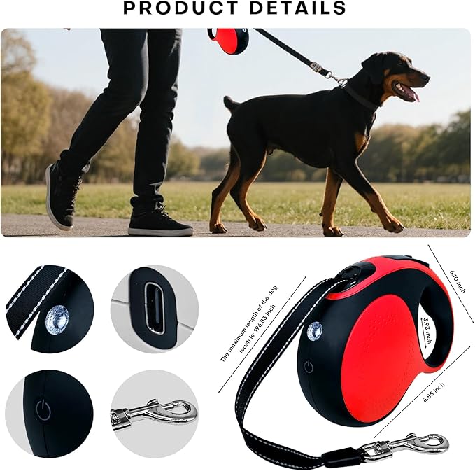Retractable Dog Leash with LED Light Rechargeable,16Ft Heavy Duty Dog Leash for Medium Large Dogs up to 110lbs,360°No Tangle,One-Handed Brake,Pause,Lock(Red)