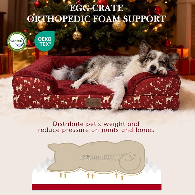 Comfort Expression Orthopedic Dog Bed for Extra Large Dogs 42x30 Inch, Waterproof Egg Crate Foam XL Pet Bed, Gifts for Christmas, Dog Couch with Washable Cover & Non-Slip Bottom, Christmas Red