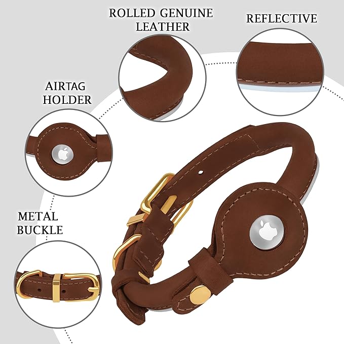 OOPSDOGGY Rolled Leather Dog Collar with Airtag Holder - Reflective Round Airtag Dog Collar - Soft Tracking Pet Collar for Small Dogs Puppy Cats Kitten (Brown, S, 10"-13")