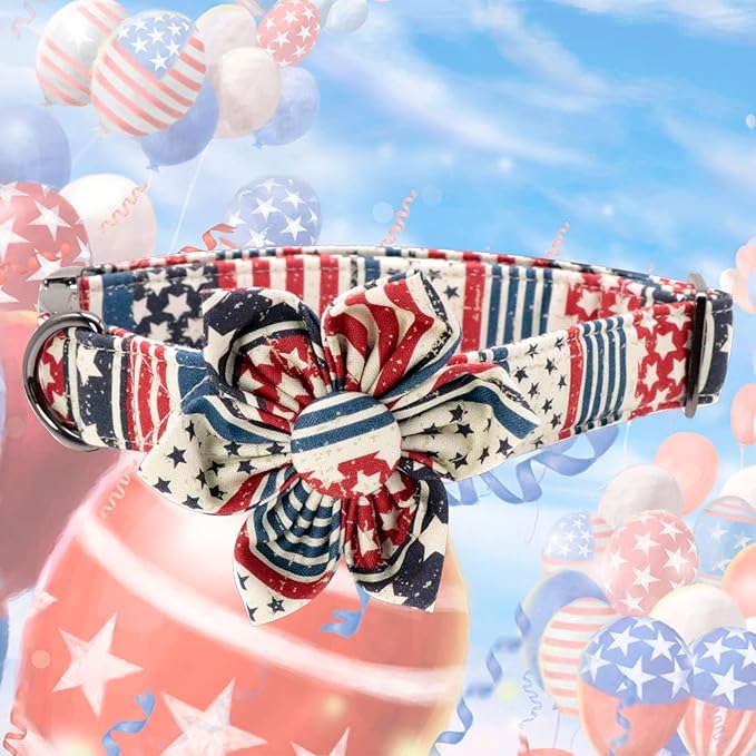 Elegant Tail US Flag Dog Collar - Cute Detachable Flower Collar, Adjustable for X-Large Dogs