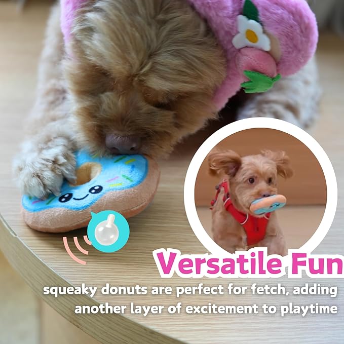 Donut Snuffle Toys, Squeaky Crinkle Interactive Dog Toys, Dog Enrichment Treat Puzzle for Boredom and Mental Stimulation, Puppies, Small and Medium Dogs (Plush Bag)