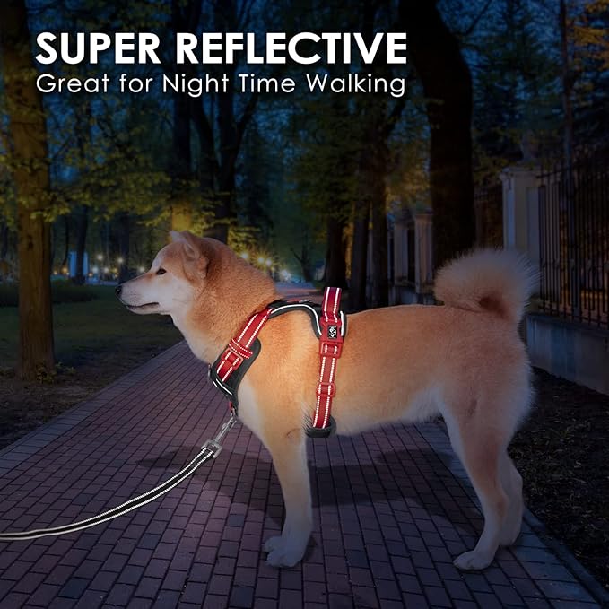 PHOEPET No Pull Dog Harness, Unique Colors Reflective Adjustable Dog Vest, with Soft Training Handle Metal Clips for Small Medium Large Dogs (Black Base & Red Straps,XL)