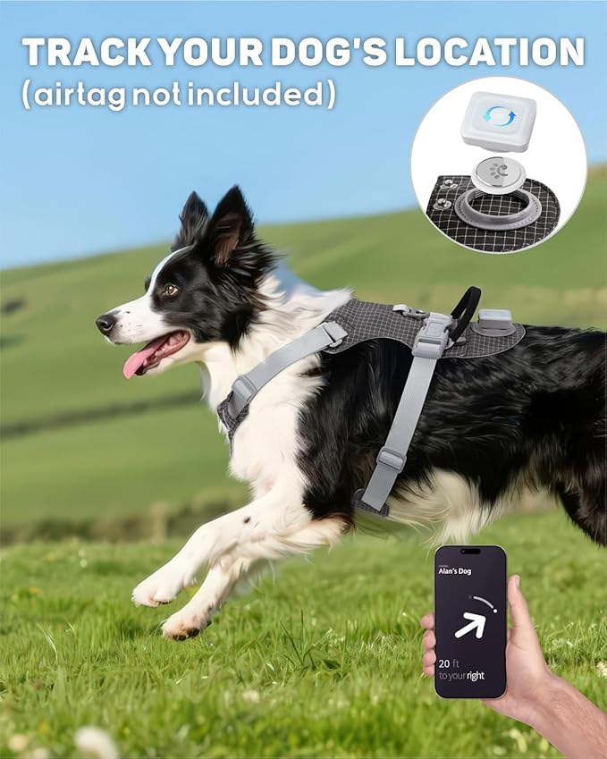 TagME No Pull Dog Harness with 2 Leash Clips,Lightweight & Visible for All-Day Walking, No Choke Pet Vest Includes AirTag Holder for Large Dogs,Black