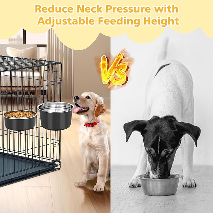 Large Dog Crate Water Bowl No Spill, 2 Pack Stainless Steel Dog Bowls for Food and Water, Pet Kennel Hanging Dogs Food Bowls for Medium/Large Dogs and Cats (7.1"x3.7" & 6.3"*2.6", Black)