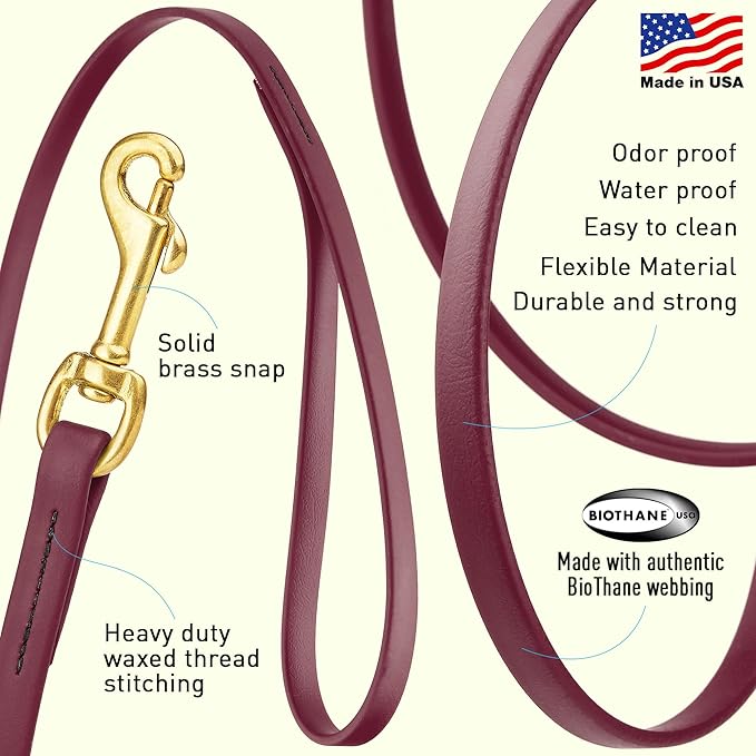 Viper Biothane K9 Working Dog Leash Waterproof Lead for Tracking Training Schutzhund Odor-Proof Long Line with Solid Brass Snap for Puppy Medium and Large Dogs, 33ft Merlot Burgundy