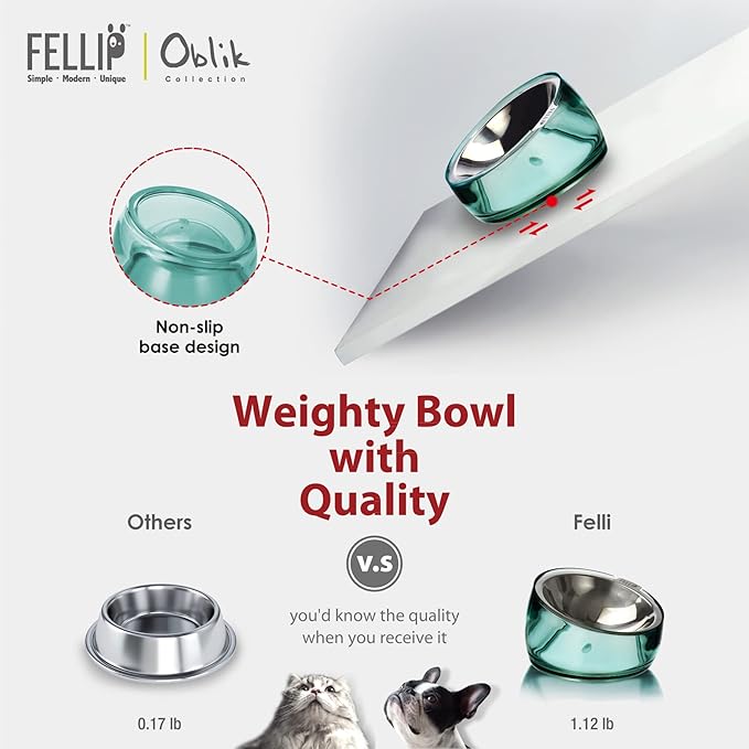 Felli Oblik Elevated Cat Bowl Removable Stainless Steel Wide Dish for Dry Wet Food Feeding & Dishwasher Clean, Slanted Whisker Fatigue Friendly Metal Plate (Classic, 0.5 Cups Shallow Dish)