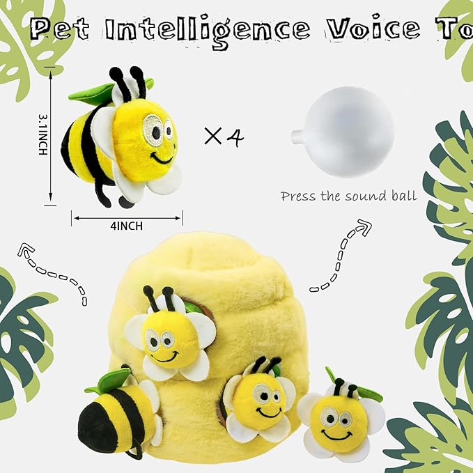 Dog Hide and Seek Toys Puppy Chew Squeaky Toys Plush Mushroom&Bamboo&Shell Hideout Stuffing with Squeakers Animals (Beehive Hideout with 4 Bees)