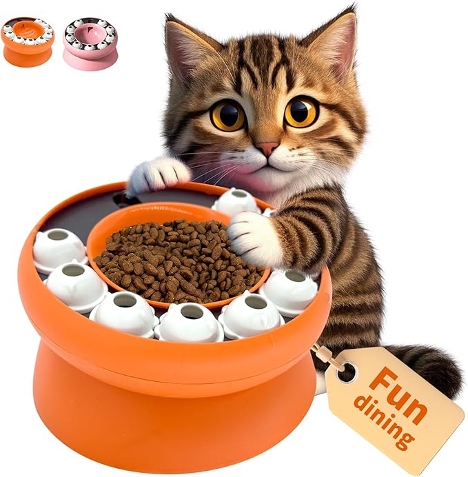 Interactive Cat Slow Feeder Bowl – Puzzle Bowl for Indoor Cats & Dogs, Kitten Puzzles Toys Treat Dispensing Food Dispenser (Orange)