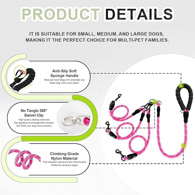 No Tangle 3 Dog Leash - Main Lead Rope with Padded Handle, Three Detachable Leash Splitters, Heavy-Duty Clip, 4.76ft for Walking, Running, Small, Medium, Large Dogs (Pink)