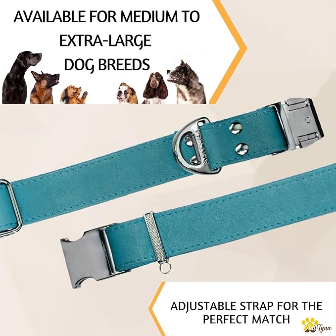 ADITYNA Leather Dog Collar with Metal Buckle - Heavy-Duty, Adjustable for Large & Extra Large Dogs - Walking & Training (Blue, Fits 19-30" Necks)