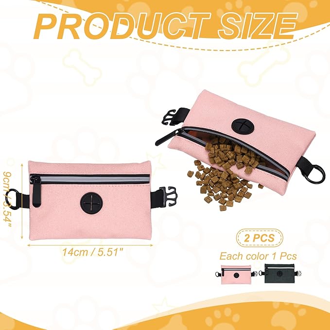 Dog Poop Bag Holder, Pet Waste Bag Dispenser Dog Treat Pouch with Zipper Oxford Cloth Portable Reusable Easy Cleanup(2Pcs, Black/Pink), Intended for Outdoor/Travel/Walking