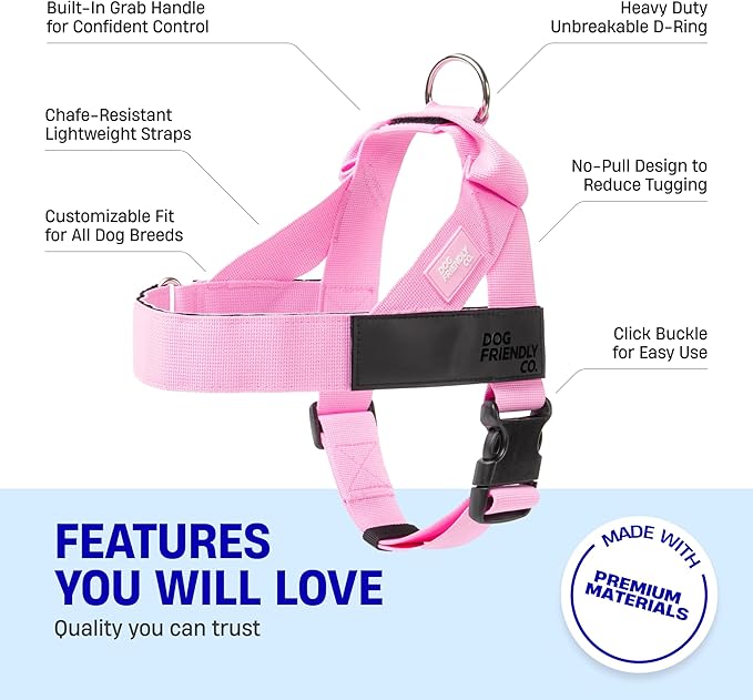 DF Co. Dog Harness | Chafe Resistant Webbing, Adjustable Neck & Chest, and Heavy Duty D-Ring | Sturdy, Comfortable, Easy to Use | Pink, Size S