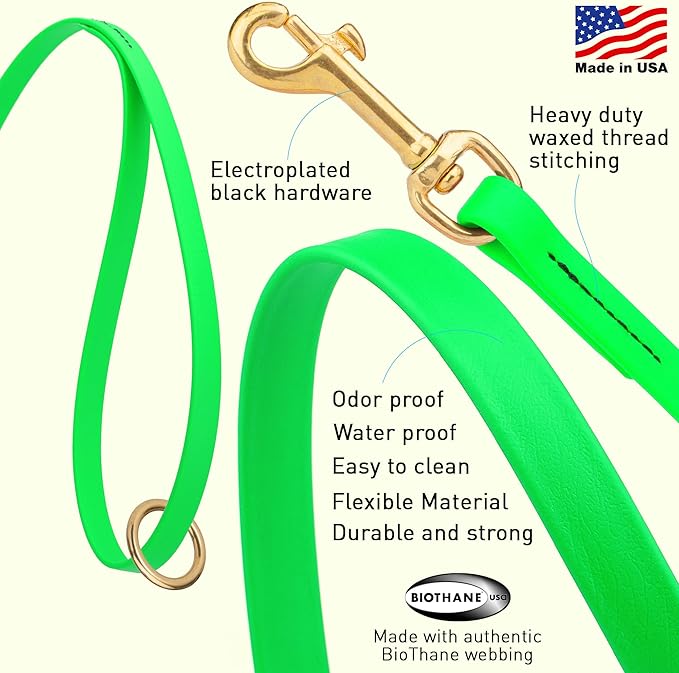 Viper Biothane K9 Working Dog Leash Waterproof Lead for Tracking Training Schutzhund Odor-Proof Long Line with Solid Brass Snap for Puppy Medium and Large Dogs 4ft, Tropical Green