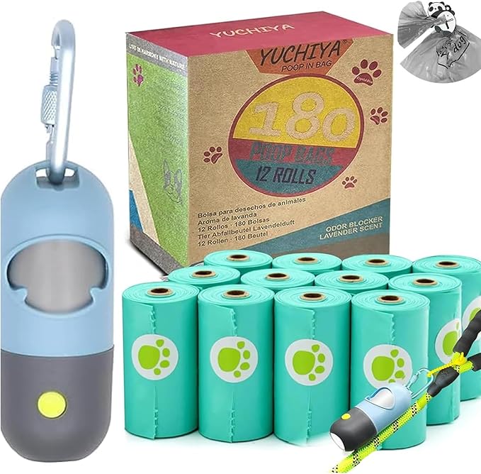 Dog Waste Bags Holder with LED Flashlight Doggie Poop Bags Dispenser with 13 Rolls Leak-Proof Pet Trash Bags Rechargable USB Cable(Sky Blue)