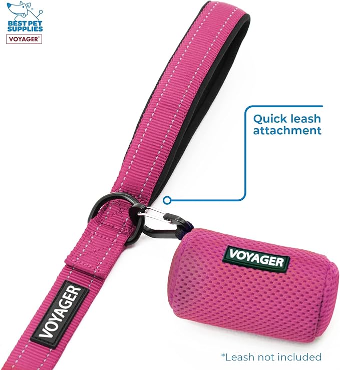 Best Pet Supplies Dog Poop Bag Holder Leash Attachment with 15 Bags, Fuchsia, Reusable Mesh Dispenser Pouch for Travel, Walking, Park, and Outdoor Use, Soft and Durable with Clip-On