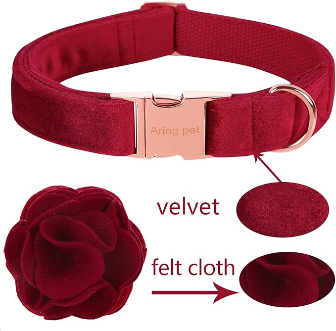 ARING PET Velvet Dog Collars, Christmas Red Soft Pet Collar with Detachable Felt Flower Metal Buckle for Puppy Small Medium Large Boy Girl Dogs-L