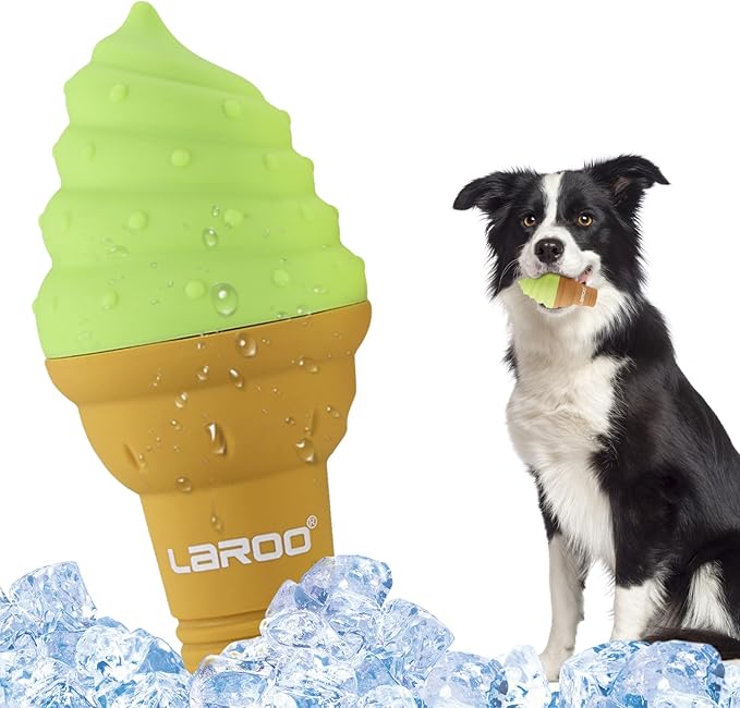 LaRoo Dogs Toys for Summer Cooling, Frozen Dog Toys, Full with Water Frozen, Prevention of Heat Stroke Upgraded Teething Chew Toy (Ice Cream Shape-Green).