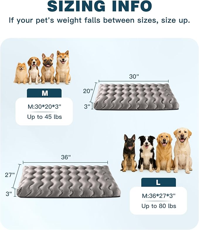 Orthopedic Dog Bed Outdoor Waterproof Dogs Crate Bed for Large Medium Small Dogs, Washable Cooling Dog Bed Mat with Removeable Cover & Memory Foam（30" x 20", Grey