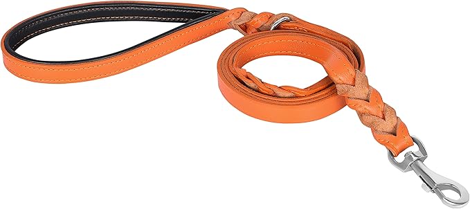 Riparo Leather Dog Leash 6ft with 2 Handles Padded Traffic Handle for Extra Control, Leather Dog Leashes for Large Breed Dogs Training Walking Heavy Duty Leashes for Dogs (Orange, L: 3/4" x6ft)