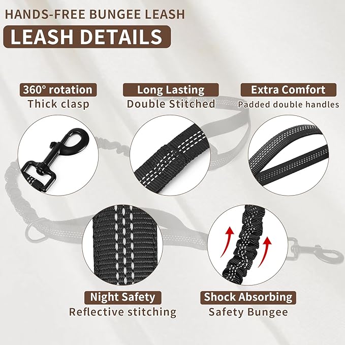 Tails & Tales Hands Free Dog Leash with Waist Pouch, Lumbar Support Upgraded, Bungee Reflective Leash, Adjustable Belt 25-55", Walking Running Hiking Training for Dogs Up to 125lbs (Black, One Dog)