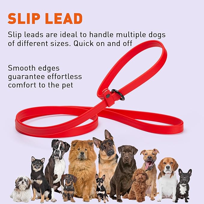 Dogline Biothane Slip Dog Leash - for Small, Medium and Large Dogs - Odor Free Slip Lead, Heavy Duty and Durable Material Kennel Lead - Cherry Red - 5ft L x 3/8in W