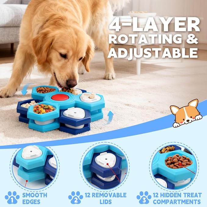 Thalirem 4-Layer Slow Feeder Dog Bowls, Interactive Puzzle Feeder with Rotating Layers & Adjustable Openings, Convertible Design to Prevent Fast Eating, Bloat & Boredom