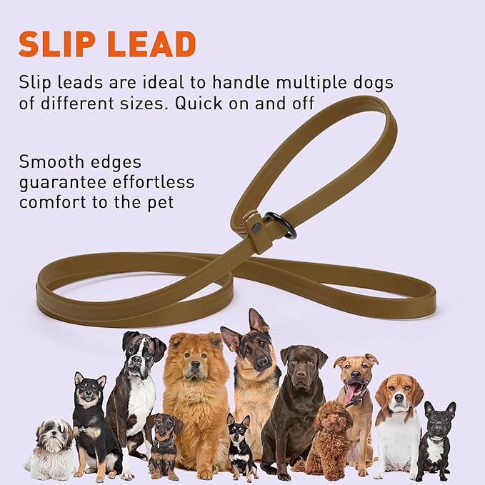 Dogline Biothane Slip Dog Leash - for Small, Medium and Large Dogs - Odor Free Slip Lead, Heavy Duty and Durable Material Kennel Lead - Coyote Brown - 5ft L x 5/8in W