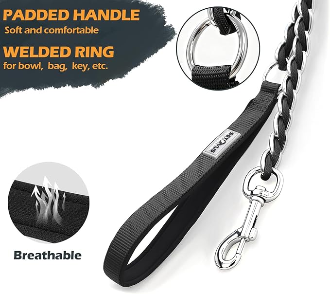Chain Dog Leash Chew Proof Metal Leash for Medium Large Dogs, Chain Link Dog Anti Chew 5.2FT / 4FT Strong Anti Bite Comfortable Soft Padded Handle (Black, 4FT(30-80lb)