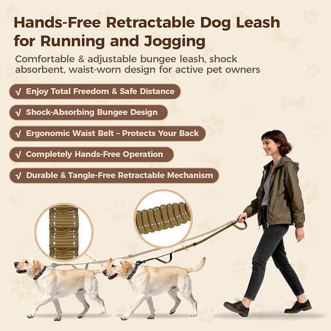 Detachable Heavy Duty Tactical Dog Leash, 9.7FT Hand-Free Bungee Shock Absorption Leash with Padded Handle Quick Release Metal Clip Car Seatbelt No Pull Training Lead for Medium & Large Dogs (Khaki)