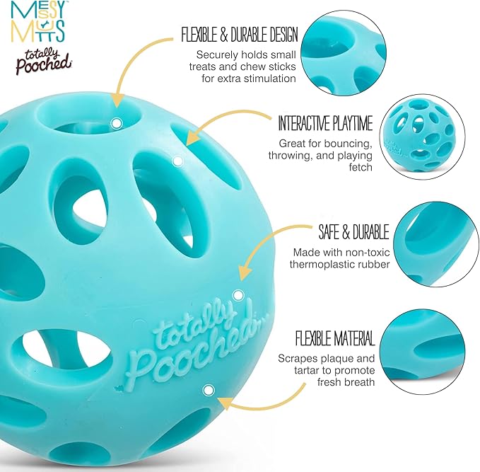 Messy Mutts Totally Pooched Huff'n Puff Ball | 2.5” TPR Puzzle Ball for Dogs | 2-in-1 Interactive Toy and Tooth Cleaner | Teal