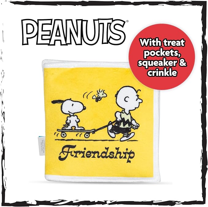 Peanuts for Pets Interactive Crinkle Friendship Comic Book Toy with Squeakers and Treat Pockets for Mental Stimulation, Snuffle Mat Dog Toy, 6x6” to 18”