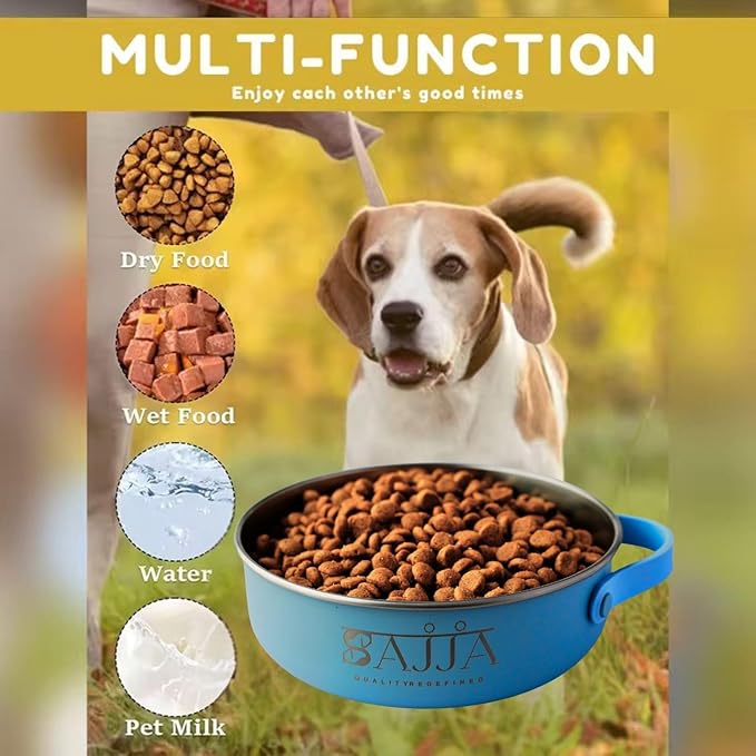 Blue Slow Feeder Travel Dog Bowl Set | 30oz Stainless Steel + 20oz Collapsible Silicone Dish | Water Bottle Holder| Non-Slip, Anti-Choking, BPA-Free | We Give Back