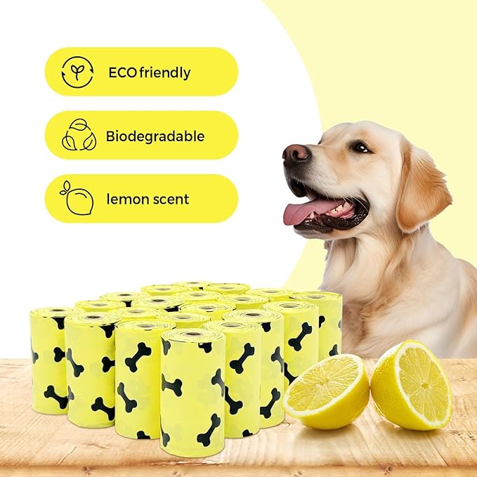 Compostable Dog Poop Bags - 300 Count Lemon Scented, Extra Thick & Leak-Proof Corn Starch Blend - Eco-Friendly Biodegradable Pet Waste Bags for Dogs and Puppies