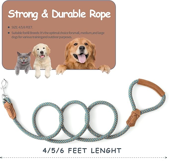 Mile High Life Leather Dog Leash, Heavy Duty Strong Genuine Leather Handle Rope Leash Soft and Comfortable for Small Medium Large Dogs (Peacock Blue, 72 Inch)