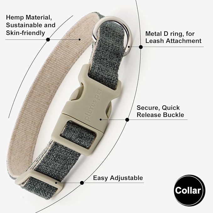 Plutus Pet Cotton Hemp Dog Collar and Leash Set, Adjustable Collar for Small, Medium, and Large Dogs, Heavy Duty and Soft on Skin, Gray, M
