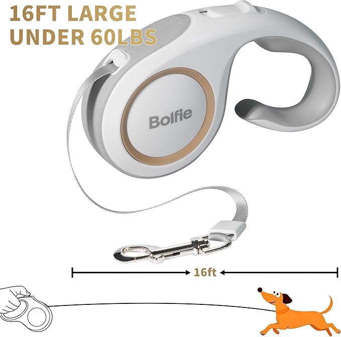 360° Tangle-Free Retractable Dog Leash 16 ft Heavy Duty Reflective Nylon Tape for Small to Medium Dogs Up to 60lbs,Soft Grip, Lock(Medium, White)