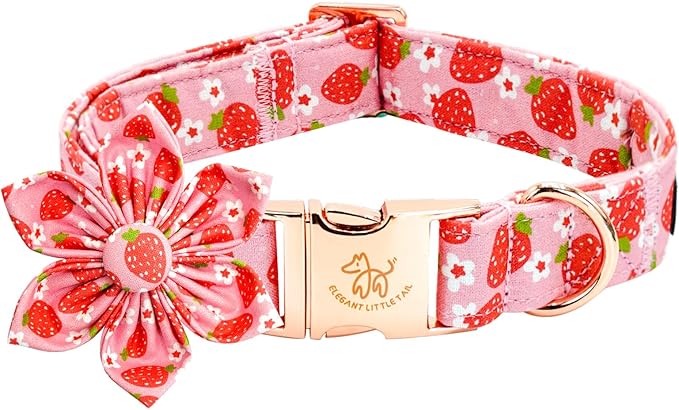 Elegant Little Tail Spring Dog Collar, Strawberry Print Cotton Soft Medium Dog Collar with Removable Flower Decoration, Fits Neck 13.5-22 Inches