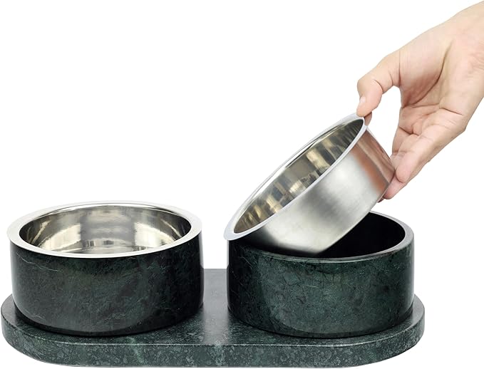 DBL1000A Marbre Small/Medium Modern Weighted Double Marble and Stainless Steel Bowl 12oz (1.5 Cups) Feeder with Non-Slip Marble Tray Set, Green