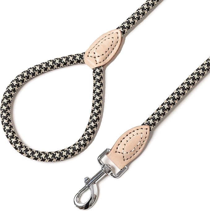Mile High Life Rope Leash with Genuine Leather Connection, 6 FT/5 FT/4 FT, Heavy Duty Leash for Small Medium & Large Dogs(Black Khaki,60 Inch)