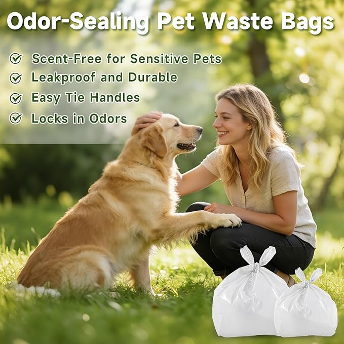 Odor-Sealing Dog Poop Bags with Handles 200 Count Pet Waste Bags, Large Capacity & Unscented Poop Bags for Dogs or Cat Litter, Conceals Smell & Mess (White)