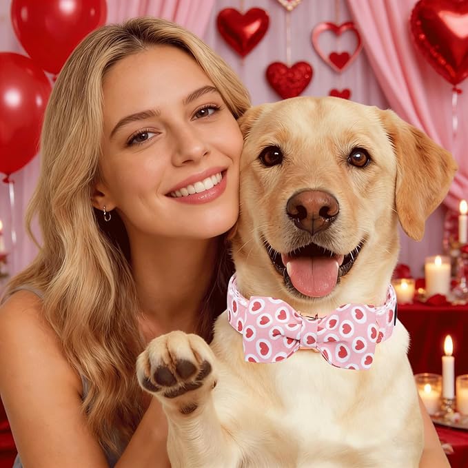 Lionheart glory Dog Bow Collar - Valentine's Day Dog Collar with Bowtie Hearts Print Collars Soft Adjustable for Large Dogs Girl Boy Dogs Spring Holiday Cute Collars
