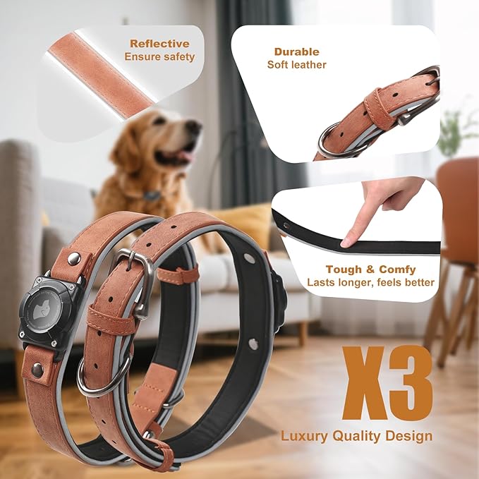 Leather AirTag Dog Collar - IPX8 Waterproof Dog Collar with AirTag Holder|Reflective, High - End, Adjustable Soft Padded |Dog GPS Collar Tracker Fit for Medium Large Dogs (Mahogany Brown, L)